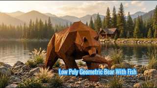 Duża rzeźba niedźwiedzia grizzly ze stali Corten Low Poly Geometryczny niedźwiedź z posągiem ryby Ogród zewnętrzny De