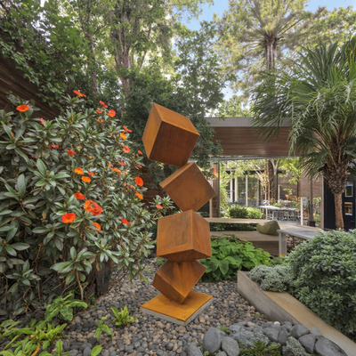 Modern Outdoor Garden Cube Tower Sculptures Rusty Abstract Corten Steel Metal Welding Technique