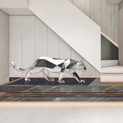 Dobra cena. Modern Geometric Leopard Sculpture - Mirror Polished Stainless Steel Art Statue for Home & Office Decor w Internecie
