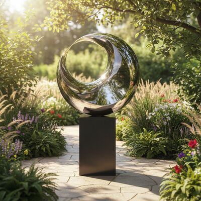 Odblaskowa rzeźba półksiężyca: Sztukę z polerowanej stali i czarnego marmuru