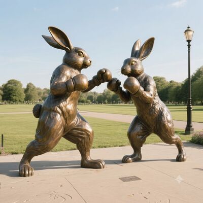 Dobra cena. Naturalnej wielkości brązowa statua zająca bokserskiego W Internecie