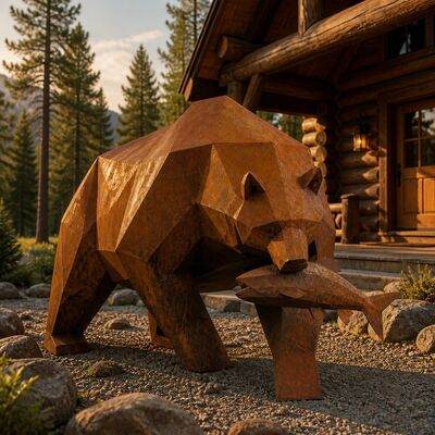 Dobra cena. Duża rzeźba niedźwiedzia grizzly z kortenu, niski wielokątny geometryczny niedźwiedź z rybą, dekoracja ogrodowa na zewnątrz, zardzewiała metalowa sztuka trawnikowa W Internecie
