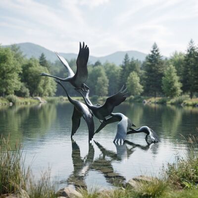 Outdoor Bronze Crane Sculpture Flying Birds Garden Statue Water Feature Pond Decor Large Metal Patina Finish Landscape Custom